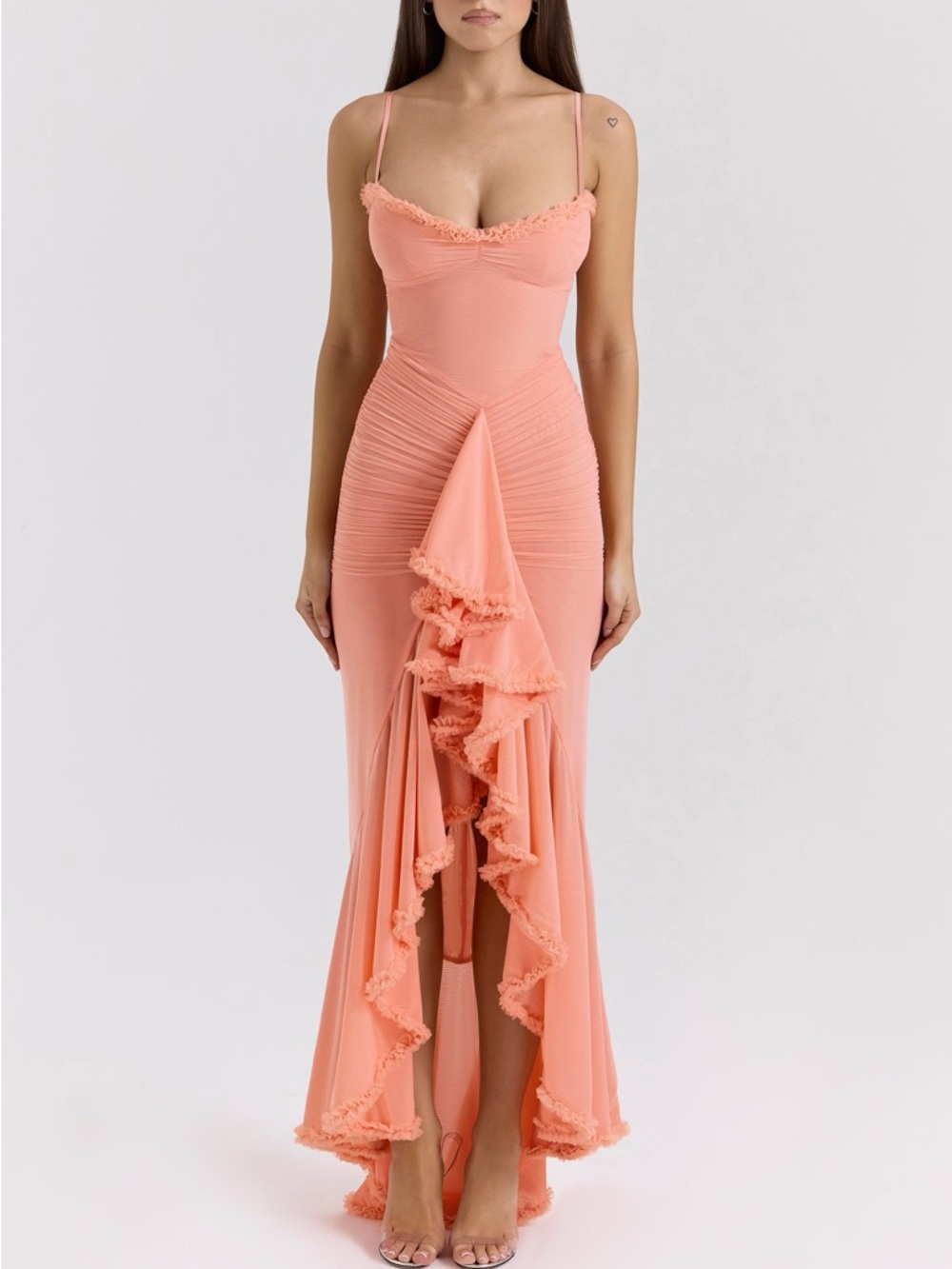 House of CB Gabbi Peach Mesh Ruffled Front Maxi Gown